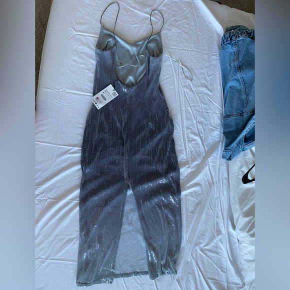 Zara Silver OMBRE Sequin Midi Dress Open Back spaghetti straps Slit size XS NWT - Picture 15 of 16